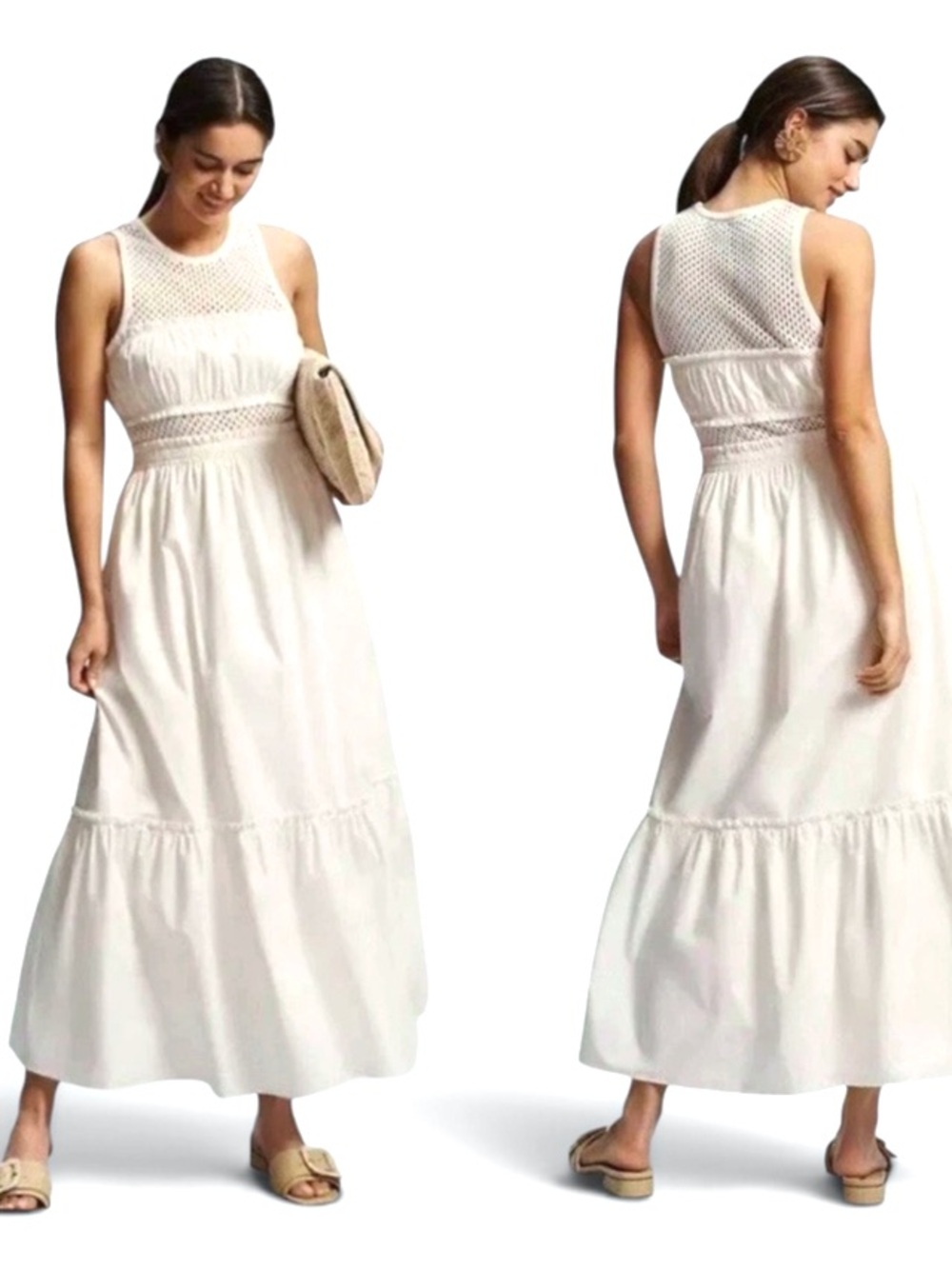Anthropologie White Crochet Yoke Maxi Dress
